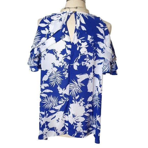 Bold Elements Womens Cold Shoulder Top XL Blue Floral Hawaiian Boho Tunic Chic - Picture 3 of 6